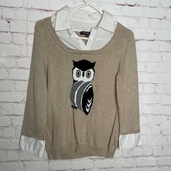 Notations Women's Owl Print Faux Collar Cuff Knit Long Sleeve Sweater Size PM - Picture 1 of 9